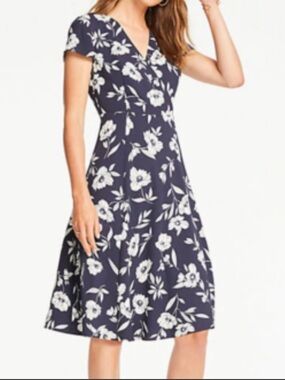 Ann Taylor Factory Navy and White Floral Wrap-Style Midi Dress
